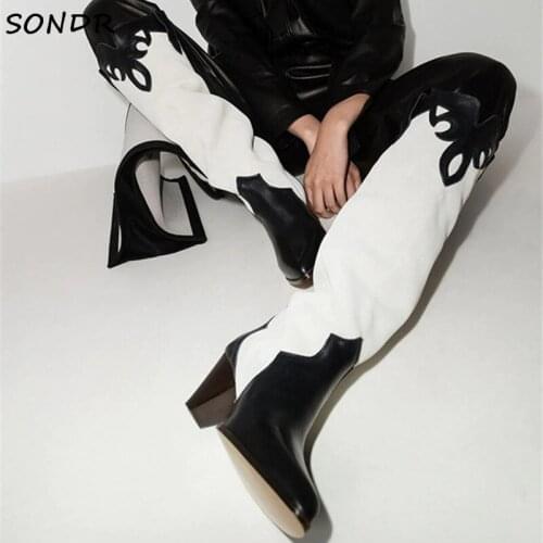 2021 Fashion Western Women Knee High Boots Patchwork Pointed Toe Cowboy Boots Ladies Slip On Chelsea Boots Winter Knight Boots
