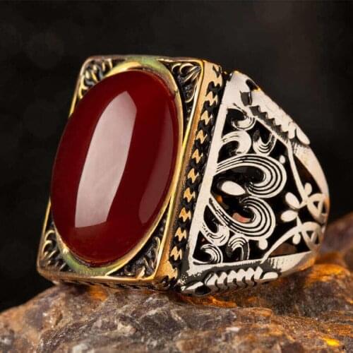 925 Sterling Silver Mens Ring with Burgundy Agate Stone on Rectangular Platform Exclusive Ring for Men