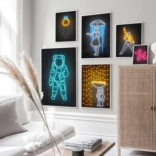 Wall Art Canvas Home Decor Astronaut Money Rain Painting HD Print Neon Lights Modern Posters Cuadros Modular Picture Living Room