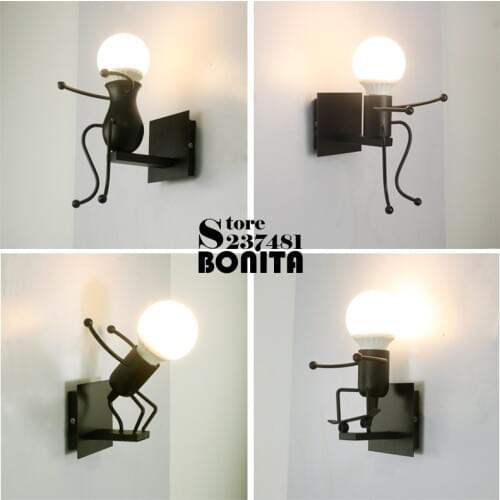 Iron little man small wall lights for home Cute Matchstick Men childrens room wall lamps Robot diving skateboard styling sconce
