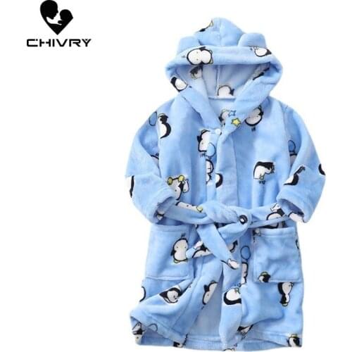 New 2021 Autumn Winter Baby Hooded Bathrobe Kids Bath Robe Boys Girls Warm Soft Flannel Pajamas Kids Cartoon Print Towel Robe