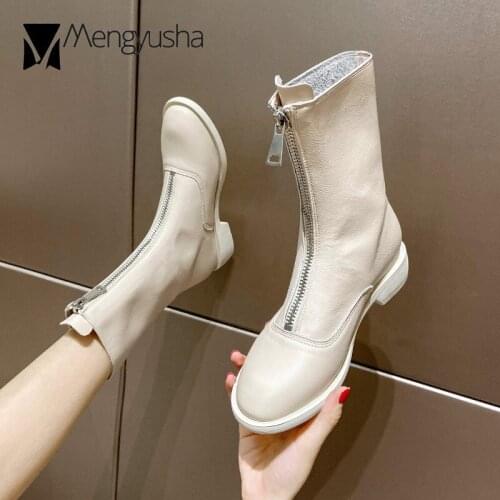 Solid PU Leather Boots Women High Top Front Zipper Botas 2020 Platform Thick Heels Shoes Ladies Winter Plush Motorcycle Bottes