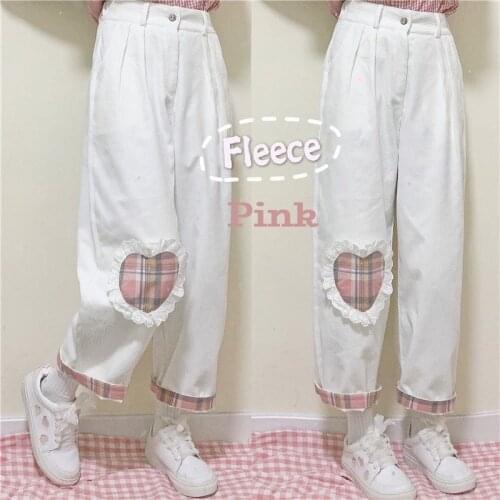 2020 Fall Women Pants Heart Plaid Embroidery Corduroy Fleece Warm White Cute Sweet Kawaii Japanese Girl Casual Winter Trousers