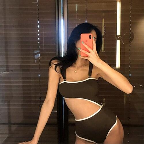 Sexy Cut Out One Piece Swimsuit Women Solid Swimwear Open Back Monokini Bandeau Swim Suit High Waist Bathing Suit Push Up Brown