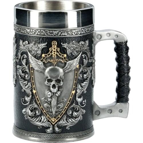 3D Beer Mugs Stein Tankard Double Headed Eagle Winged Sword And Shield Skull Crest Stainless Steel & Resin Coffee Cup Mug 600ml