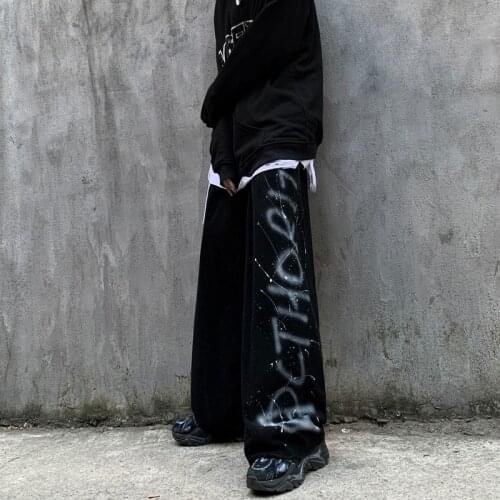 HOUZHOU Harajuku Goth Black Wide Leg Pants Women Gothic Streetwear Graffiti Print Oversize Trousers Kpop Joggers Sweatpants