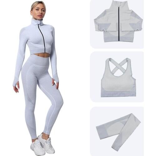 2/3Pcs Seamless Women Yoga Set Workout Sportswear Gym Clothing Fitness Long Sleeve Crop Top High Waist Leggings Sports Suits