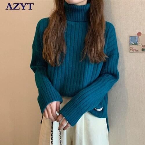 AZYT Winter Turtleneck Pullover Base Sweater Women Elegant Lady Solid Knit Jumpers Female Sweater 2021 Loose Women Knitwear