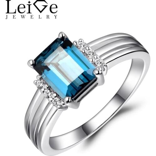 Leige Jewelry London Blue Topaz Ring Sterling Silver 925 Engagement Wedding Rings for Women Emerald Cut Gemstone Fine Jewelry