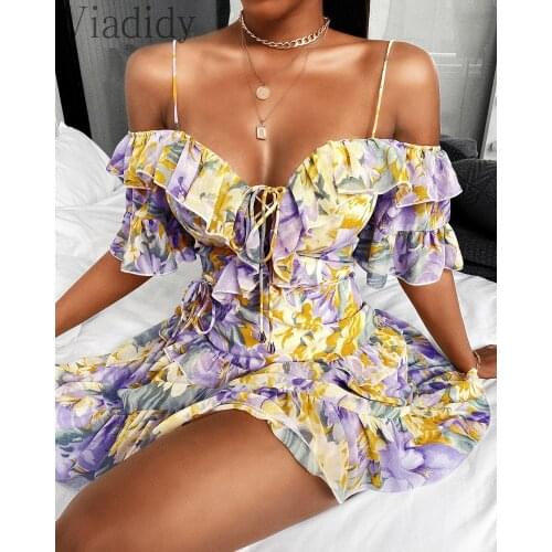 Women Spaghetti Strap Lace-up Ruffle Hem Floral Print A-Line Dress