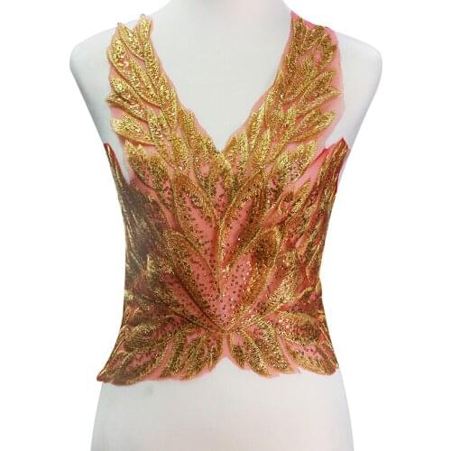 5piece Gold Red Mesh Beaded Sequin Lace Appliqu Embroidery Lace Cord Motif Fabric Venise Trimming Sew on Patches Garment T2147