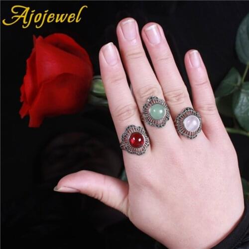 Ajojewel New Style Green Stone Antique Ring Women Black CZ Flower Shaped Finger Ring Cute Jewelry Bijoux Gifts