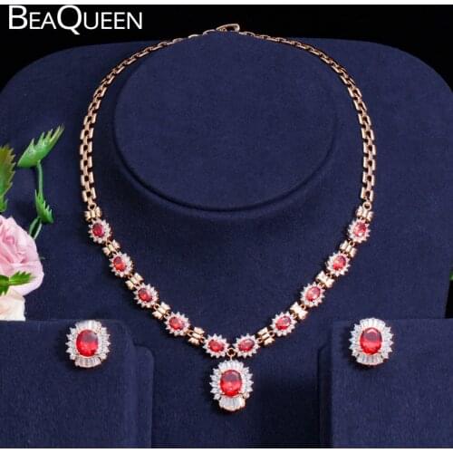 BeaQueen African Red Oval Cubic Zirconia Paved Round Pendant Drop Necklace and Earrings Dubai Champagne Gold Jewelry Sets JS028