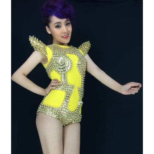 Golden black Bling Beading Bodysuit Sexy High stretch Leotard Catsuit Bar DJ singer DS Costume Leading dancer stage show Outfit