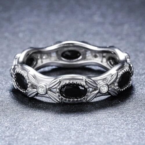 New 925 Sterling Silver Fine Jewelry Black Spinel Flower Engagement Ring for Women Anillos Mujer G085