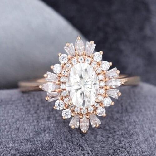 EDI Diamond Halo Art Deco Engagement Ring 14K Rose Gold 1ct Oval Cut Baguette cut Lab Grown Moissanites Vintage Promise Ring