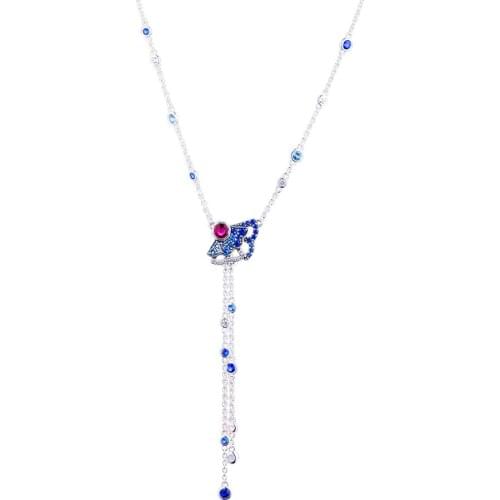 Blue & Pink Fan Y-Necklace for Women Long Chain Necklace Heart Stone Lion Female Choker Necklace Jewelry