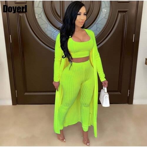 Neon Green Ribbed Sexy 3 Piece Set Women Autumn Long Cardigan Crop Top and Pants Set Party Club Outfits Matching Sets for Women