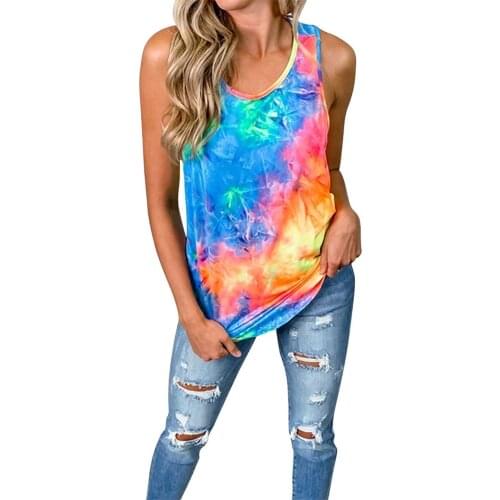 Women Tie-Dye Color Tank Top Casual Sleeveless O-Neck T-shirt Basic Asymmetric Sports Running Shirt Breathable Top