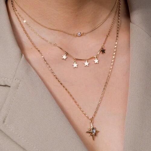 Fashion Cool Six-Pointed Star Set Sun Multistory Necklace