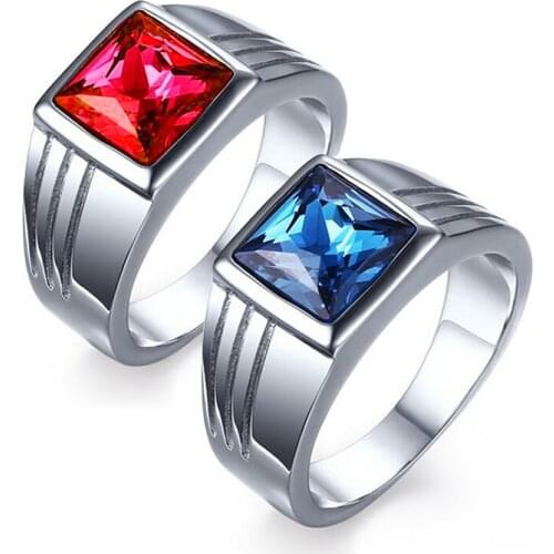 Male Stainless Steel Ring Blue Red Stone Jewelry Ring for Men Wedding Engagement Titanium AAA+ Cubic Zirconia Ring Wholesale