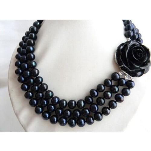 Beautiful 3Strands 17" 9-10mm Black Round Freshwater Pearl Necklace