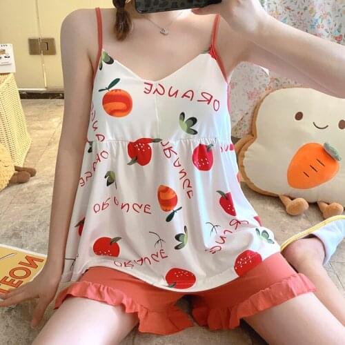 Cartoon Print Dress Lovely Sleepwear Home Suit Summer V Neck Sexy Pyjamas Women Loose Pijama Satin Femme Southeast Asian Style