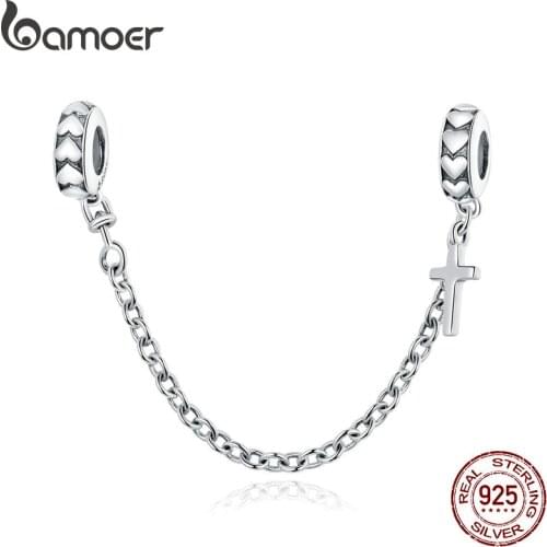 Bamoer 925 Sterling Silver Simple Cross Safety Chain Charm for Original Silver Bracelet Charms with Silicone Stopper BSC362