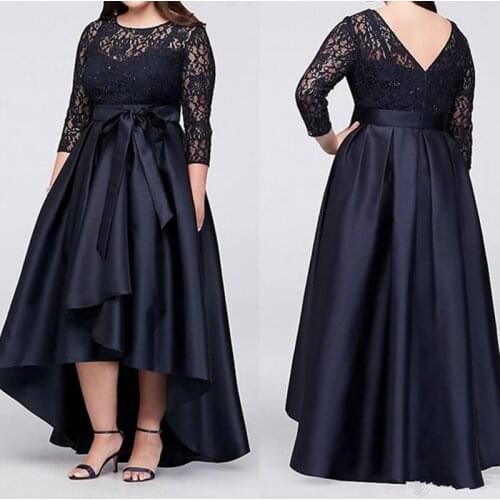 Navy blue Plus Size High Low Lace Mother of The Bride Dresses Three Quarter Sleeve Mother Evening Dresses Vestidos De Madrina