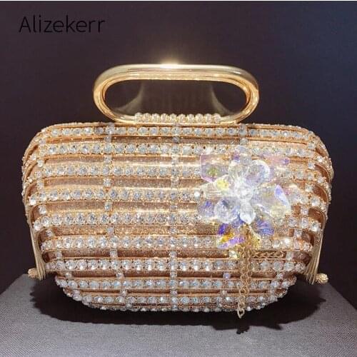 Crystal Flowers Hollow Out Evening Bag Female 2021 Luxury Designer Metallic Gold Color Diamonds Basket Clutch Purses And Handbag