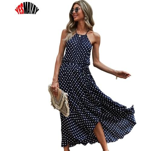 2021 Summer Sling Polka Dot Dress Vestidos Mujer Women Casual Sleeveless Beach Dresses Fashion Lace Up Maxi Long Dress Female