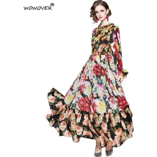 Women Elegant Spring Designers Floral Print Chiffon Long Maxi Runway Dress High Quality Bohemian Robe Femme Holiday Vestidos