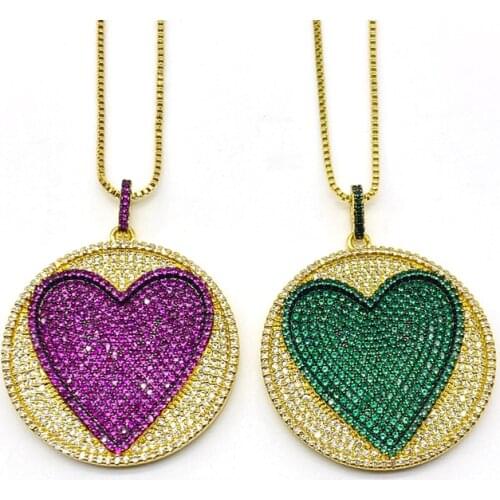 5pcs/lot Fuchsia Green Cubic Zirconia Paved Heart Pendants Box Chain Necklaces