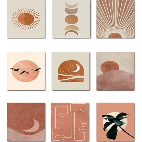 Abstract Sun Face Moon Plant Orange Canvas Art Wall Painting Posters And Prints Nordic Wall Pictures For Living Room Home Decor