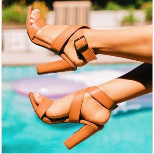 Summer New Arrival Block High Heel Formal Sandals Ladies Strappy Ankle Strap Chunky Heels leather Open toe Dress Shoes Women
