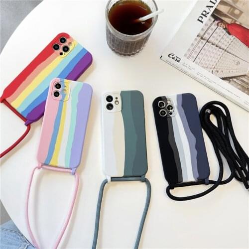 Liquid Silicon Rainbow Necklace Strap Rope Cord Case For iPhone 12 11 Pro XS Max Mini XR X 7 8 Plus SE2020 Shockproof Soft Cover
