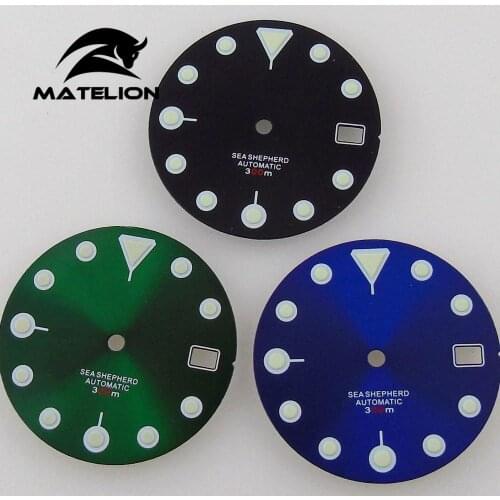 29mm Super luminous Black Blue GreenWatch Dial For NH36 NH35A Movement Date Window For 3H/4H Crown