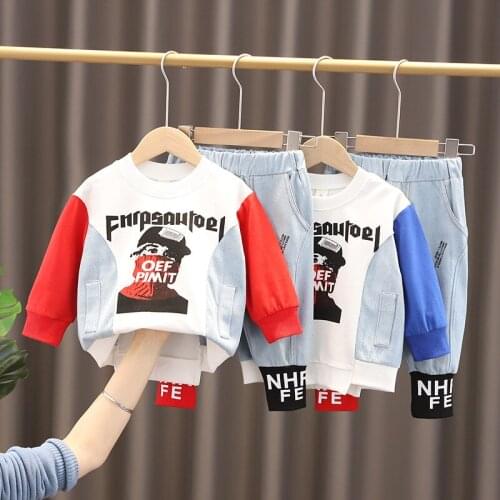 Spring Autumn Baby Girls Clothing Children Patchwork Denim Boys Cotton T-Shirt Pants 2Pcs Toddler Sport Costume Kids Tracksuits