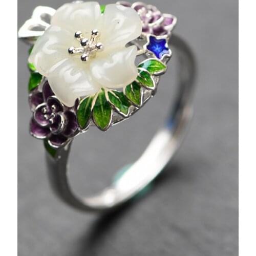 FNJ Hetian Jade enameling Flower Ring 925 Silver Fashion Original S925 Sterling Silver Rings for Women Jewelry Adjustable size