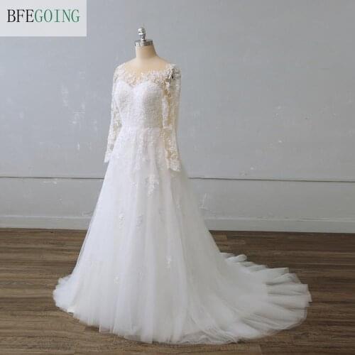 Ivory Lace Tulle Beading Long Sleeves Bridal gown Floor-length A-line Wedding dress Chapel Train Custom made