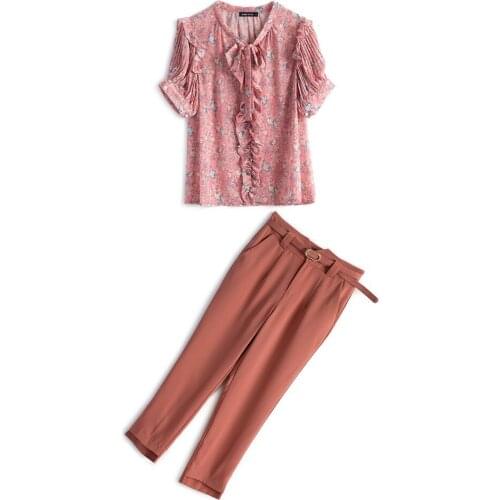 Summer Floral Print Chiffon Shirt Elegant Plus Size Ensemble Femme Conjunto Feminino Two Piece Set Top And Pants Woman Suit