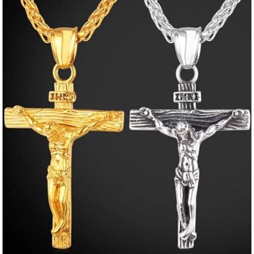 Men Chain Christian Jewelry Gifts Vintage Cross INRI Crucifix Jesus Piece Pendant & Necklace Gold Color Stainless Steel