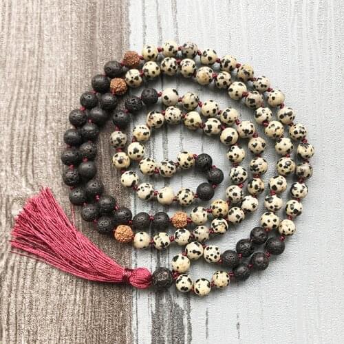 Lava Stone Rudraksha Mala Neacklaces 108 Prayer Beads Mala Jewelry Dalmatian J-asper Knotted Tassel Necklace Yoga Gift For Men