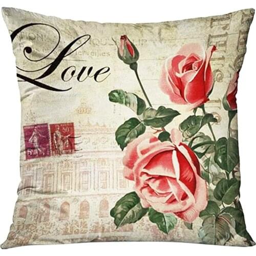 NHBR Throw Pillow Cover 18X18 Inch Retro Stamp Flora Rose Love Quotes Flowers Florals Rose Decorative Pillowcase