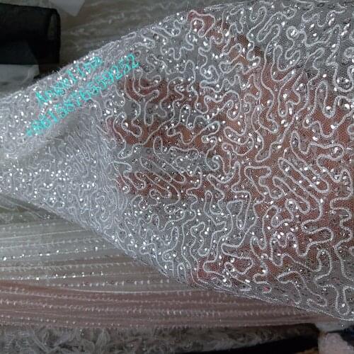 New Hot selling 5yards Shinning embroidered lace fabric with full beads BZL-8314 for nigerian evening dress in white color