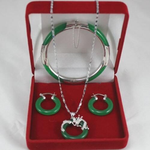 New Listed! Green jadeBangle Bracelet Pendant Earring Jades Jewelry Set