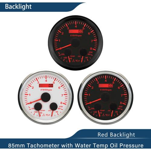 Universal 3 in 1 85mm Multi-function Tachometer 8000RPM Water Temp Oil Pressure 0-80Psi 120-240℉ 12V Red Backlight for Car Boat