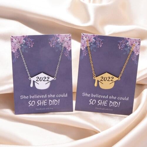 Class of 2021 Graduate Necklace Jewelry Gold Silver Color Stainless Steel Graduation Hat Pendant Necklaces With Card Gifts
