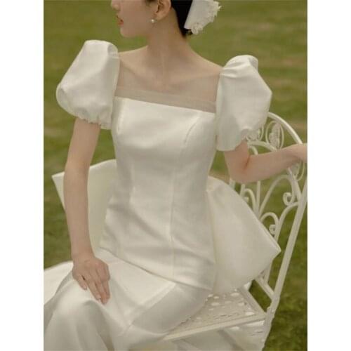 2021 Backless Soft Satin Wedding Dresses Mermaid Square Collar Puff Sleeve Elegant Sexy Big Bow Bridal Gowns Custom Made Wedding
