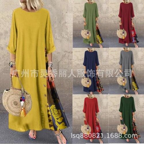 Fashion Woman Cotton Linen Max Length Contrast Color Floral Casual Round Neck Button Stitching 3 / 4 Sleeve Dress